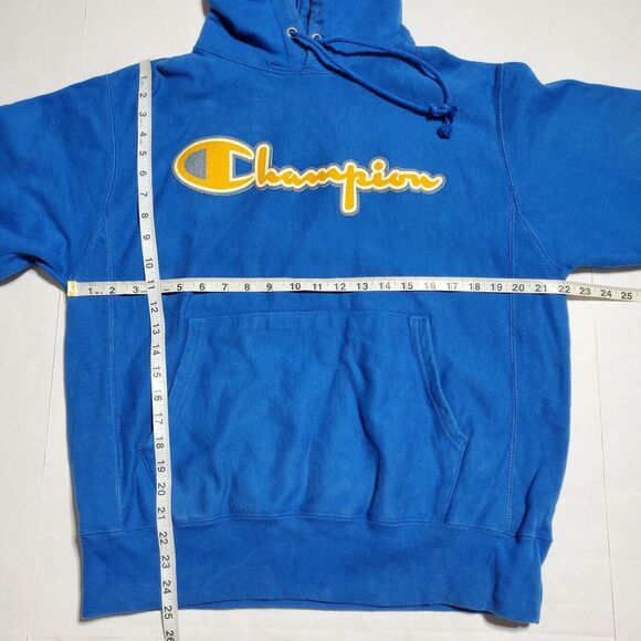Champion Reverse Weave Hoodie Size M Spellout Logo Retro Throwback Blue Mens - Picture 7 of 11